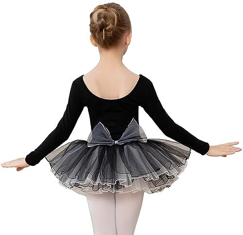 HIPPOSEUS Ragazza Vestito da Balletto Tutu Body Danza Bambina Classica Balletto Abito Manica Lunga,Y-04WDM-Nero, 10 anni