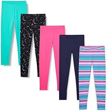 Amazon Essentials Leggings Bambine e Ragazze, Pacco da 5, Blu Marino/Nero Stelle/Righe/Rosa/Verde Acqua, 8 Anni