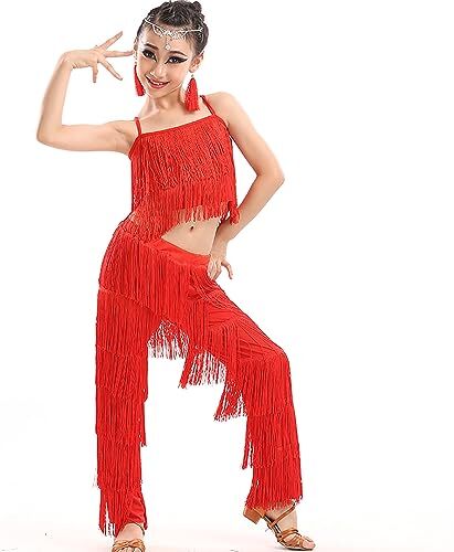 Generic 2 Pezzi Abito con Frange,Abiti da Ballo Latino per Bambine,Pantaloni con Nappe Abiti da Pratica,con Nappe a Canotta Set di Costumi,per Esercizi di Salsa di Tango,150, Red