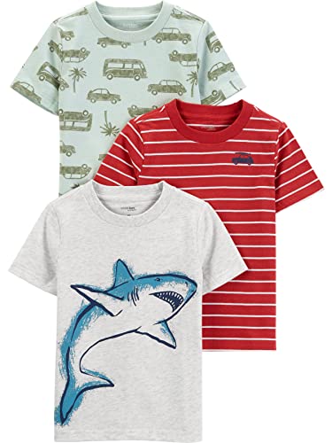 Simple Joys by Carter's Camicie a maniche lunghe Bambini e ragazzi, Pacco da 3, Bianco Squalo/Rosso Righe/Verde Chiaro Auto, 7 anni