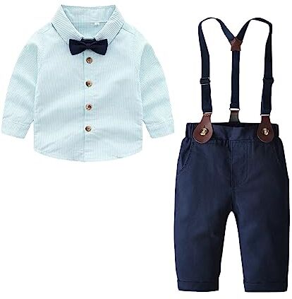 Balipig Bambini Completini e Coordinati Gentiluomo 3 Pezzi, Ragazzi Camicia a Maniche Lunghe a Righe + Pantaloncini Bretelle Tuta da Gentleman Vestito del Partito 4-5 Anni, Verde scuro