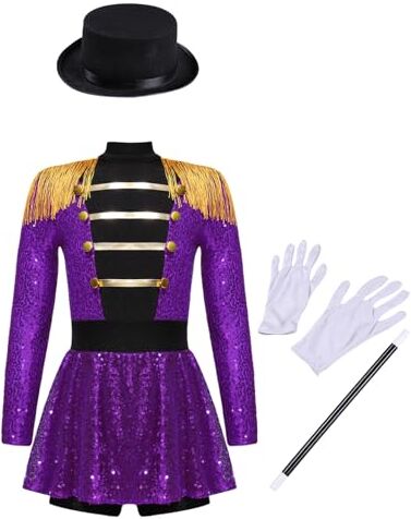 CHICTRY Vestito Domatrice Circo Bambina Costume di Showman Carnevale Cosplay Il più Grande Showman Domatore Presentatore Giacca Rossa/Tutu Elegante da Ballo Halloween Viola D 15-16 anni