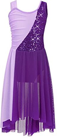 iEFiEL Vestito da Danza Moderna Bambina Abito da Pattinaggio Artistico con Paillettes Elegante Costume da Ballo Performance Ballerina 5-16 Anni Viola 13-14 Anni