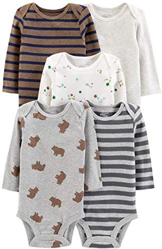 Simple Joys by Carter's Long-Sleeve Bodysuit Pack of 5 Body, Animali della Foresta/Orsi/Righe, 0-3 Mesi (Pacco da 5) Unisex-Bimbi