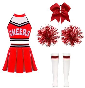 iEFiEL Costume per Bambini Cheerleaders Rosso Uniforme con Abito Senza Maniche + Pompon e Calze Vestito da Carnevale per Ragazza 3-10 Anni per Scuola Festa E Rosso 15-16 anni