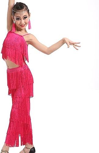 Generic 2 Pezzi Abito con Frange,Abiti da Ballo Latino per Bambine,Pantaloni con Nappe Abiti da Pratica,con Nappe a Canotta Set di Costumi,per Esercizi di Salsa di Tango,150, Pink