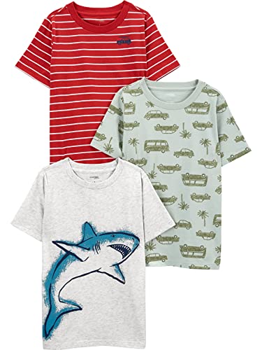 Simple Joys by Carter's 3-Pack Short-Sleeve Tee Shirts Maglietta, Bianco Squalo/Rosso Righe/Verde Chiaro Auto, 5-6 Anni (Pacco da 3) Neonati