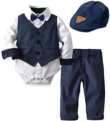 Volunboy Completo Elegante Bambino Camicie + Papillon + Gilet + Pantaloni, Ragazzo Abbigliamento 4 Pezzi Gentleman Cerimonia Nozze(12-18 mesi,Bianco Marina,Taglia 80)