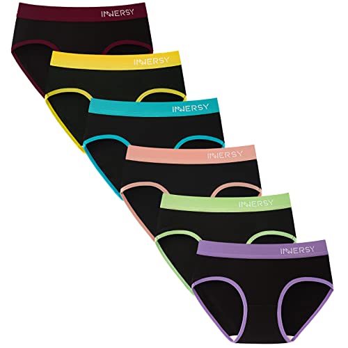 INNERSY Mutande Ragazza 14 Anni Cotone Nero Slip Bambina Vita Media 8-16 Intimo Sportiva 6 Pacco (8-10 Anni, Nero con Cintura Colorata)