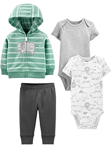 Simple Joys by Carter's 4-Piece Jacket, Pant, And Bodysuit Set Layette, Bianco Animali della Foresta/Grigio/Grigio Scuro/Verde Menta Elefante, 3-6 Mesi Bimbo