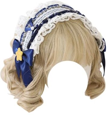 TTYAO REII Lolita Fascia per capelli alla moda per cameriera e cosplay, in pizzo bianco, a quadri, accessorio per capelli (blu navy)