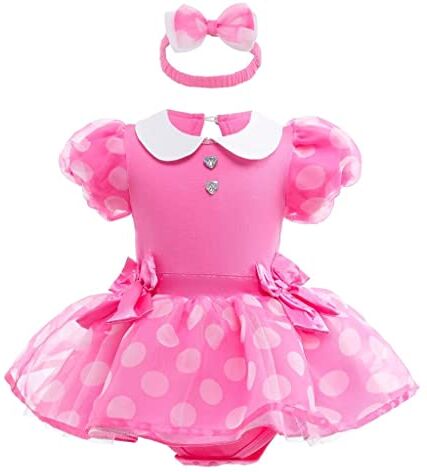 Lito Angels Vestito Minnie Pagliaccetto per Bebè Bimba, Body Tutina a Pois con Fascia, Taglia 6-9 Mesi, Rosa Caldo