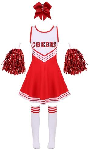 iEFiEL Costume per Bambini Cheerleaders Rosso Uniforme con Abito Senza Maniche + Pompon e Calze Vestito da Carnevale per Ragazza 3-10 Anni per Scuola Festa D Rosso 11-12 anni