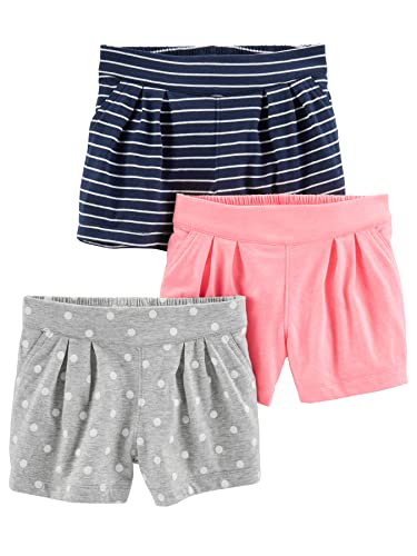 Simple Joys by Carter's 3-Pack Knit Infant-And-Toddler-Shorts, Blu Marino Righe/Grigio Pois/Rosa, 5 Anni (Pacco da 3) Bimba