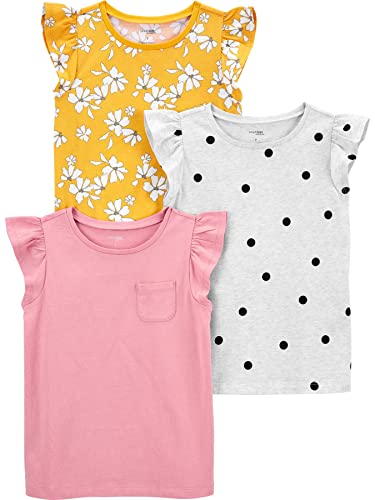Simple Joys by Carter's Short-Sleeve Shirts And Tops, Pack of 3 T-Shirt, Giallo Fiori/Grigio A Pallini/Rosa, 6 Anni (Pacco da 3) Bambina