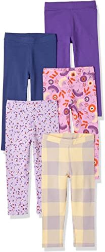 Amazon Essentials Leggings Bambine e Ragazze, Pacco da 5, Blu Scuro/Lilla Tulip/Porpora/Folk Floreale/Motivo Scozzese, 2 Anni