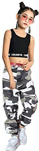 LOLANTA 2 Pezzi Ragazze Hip Hop Street Dance Solo Set, Crop Tank Top + Pantaloni Jogger mimetici, Grigio, 140