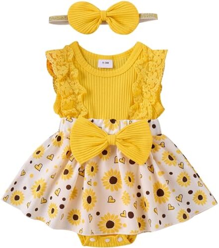 MAHUAOYIXI 2 Pezzi Elegante Tuta Bimba Tutine Neonato Femmina Pagliaccetto Estivo Vestito Abito in Pizzo Floreale Principessa Tutu Bodysuit Tulle Battesimo Jumpsuit + Fascia Bowknot Bambino (C1 , 3-6 Months )