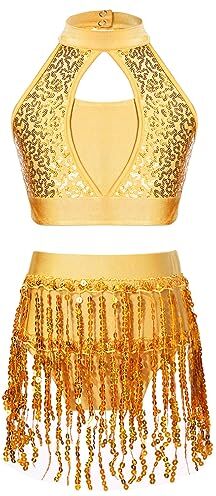 YiZYiF Vestito da Ballo per Ragazze Paillettes Completo da Danza Bambina Crop Top Canotta + Minigonna Corta Latino Jazz Samba Abito da Danza Giallo 7-8 anni