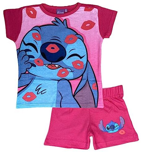 CARTOON Pigiama Estivo Stitch, Disney, t-Shirt Maniche Corte, Short, 100% Cotone, Bambina, Fuxia