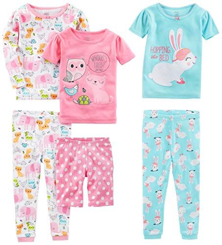Simple Joys by Carter's 6-Piece Snug Fit Cotton Pajama Set Pigiama, Bianco Animali della Foresta/Blu Coniglietto/Rosa Pois, 5-6 Anni (Pacco da 3) Bambina