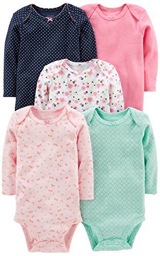 Simple Joys by Carter's 5-Pack Long-Sleeve Bodysuit Body, Blu Marino Pois/Rosa/Verde Menta/Farfalle/Floreale, 3-6 Mesi (Pacco da 5) Unisex-Bimbi