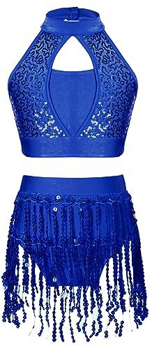 YiZYiF Vestito da Ballo per Ragazze Paillettes Completo da Danza Bambina Crop Top Canotta + Minigonna Corta Latino Jazz Samba Abito da Danza Blu reale 13-14 anni