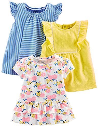 Simple Joys by Carter's Short-Sleeve Shirts And Tops, Pack of 3 T-Shirt, Bianco Floreale/Blu Righe/Giallo, 2 Anni (Pacco da 3) Bimba