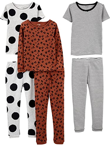 Simple Joys by Carter's 6-Piece Snug Fit Cotton Pajama Set Pigiama, Bianco Righe/Grigio A Pallini/Marrone Stampa Animalierier, 4-5 Anni (Pacco da 3) Bambina