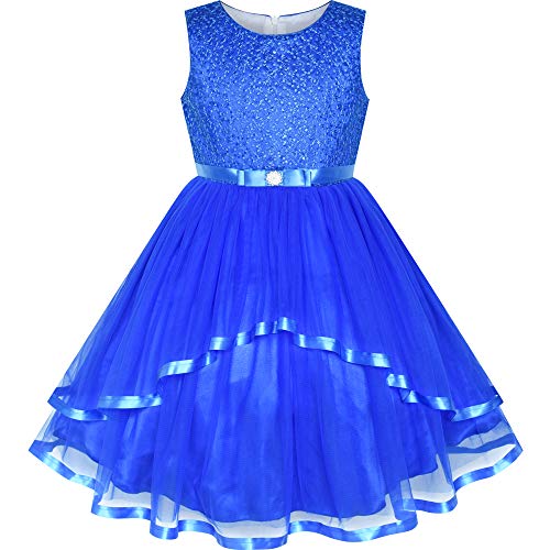 Sunny Fashion Vestito Bambina Fiore Cobalto Blu con Cintura Nozze Festa Damigella d'Onore 8 Anni