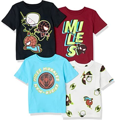 Amazon Essentials Disney   Marvel   Star Wars Magliette a Maniche Corte (precedentemente Spotted Zebra) Bambini e Ragazzi, Pacco da 4, Marvel Miles Morales, 3 Anni