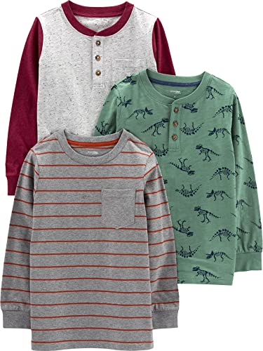 Simple Joys by Carter's Long-Sleeve Shirts, Pack of 3 Camicia, Grigio Pois/Grigio Scuro Righe/Verde Abete Dinosauri, 5-6 Anni (Pacco da 3) Bambino