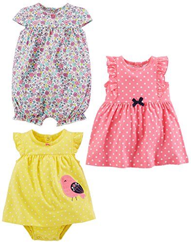 Simple Joys by Carter's 3-Pack Romper, Sunsuit And Dress Infant Toddler-Rompers, Bianco Floreale/Giallo Uccello/Rosa Pois, 24 Mesi (Pacco da 3) Bimba