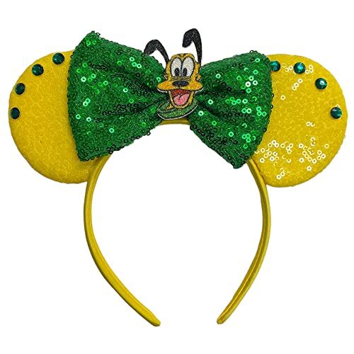 Lilium Kids Pluto Minnie Mouse Ispirato Giallo e Verde Alice Cerchietto Con Grande Fiocco Di Paillettes 12,7 cm Fatto a mano per Donna e Ragazze