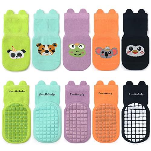FedMois 5 paia calzini antiscivolo in cotone bimbi bambini motivi animali, Panda, 1-3 anni