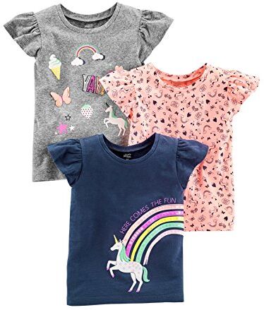 Simple Joys by Carter's Short-Sleeve Shirts And Tops, Pack of 3 Fashion-t, Arancione Chiaro Stampa Mista/Blu Marino Unicorni/Grigio Arcobaleno, 3 Anni (Pacco da 3) Bimba