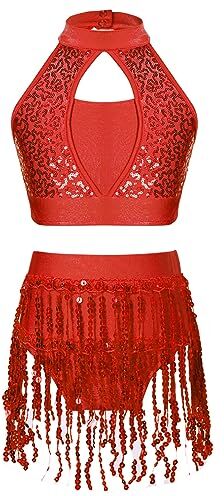 YiZYiF Vestito da Ballo per Ragazze Paillettes Completo da Danza Bambina Crop Top Canotta + Minigonna Corta Latino Jazz Samba Abito da Danza Rosso 15-16 anni