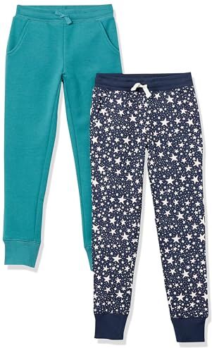 Amazon Essentials Joggers Bambine e Ragazze, Pacco da 2, Blu Marino Stelle/Verde Acqua, 11-12 Anni