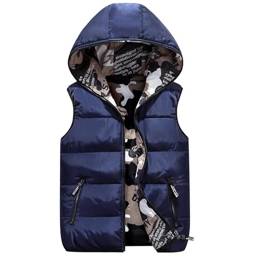 JiAmy Piumino Senza Maniche Gilet con Cappuccio Bambini Reversibile Giacca Inverno Cappotto Camuffare Blu 4-5 Anni