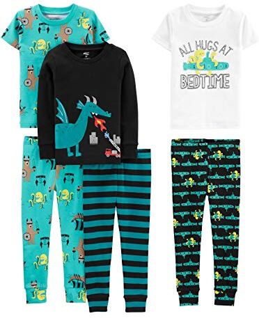 Simple Joys by Carter's 6-Piece Snug Fit Cotton Pajama Set Pigiama, Bianco/Blu Turchese Polpi/Nero Draghi/Righe, 2 Anni (Pacco da 3) Bimbo