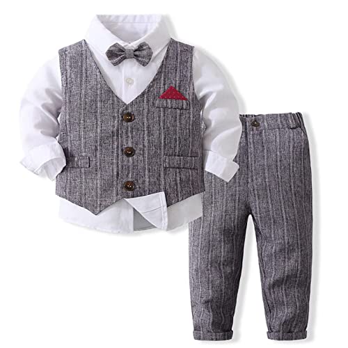 Volunboy Completo Elegante Bambino Camicie + Papillon + Gilet + Pantaloni, Ragazzo Abbigliamento 4 Pezzi Gentleman Cerimonia Nozze(3-4 anni,Grigio,Taglia 110)