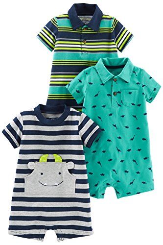 Simple Joys by Carter's 3-Pack Infant-And-Toddler-Rompers, Blu Marino Righe/Giallo Righe/Verde Dinosauri, 3-6 Mesi (Pacco da 3) Bimbo