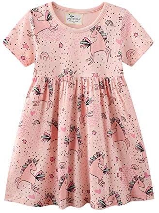 Kfnire Vestito Bambina Cotone • 6-7 Anni(115-125cm) Vestito Unicorno Principessa Bambina Abito Bimba Ricamo Floral Striscia Cartoon Animale Casuale Manica Lunga & Manica Corta Vestito T-Shirt