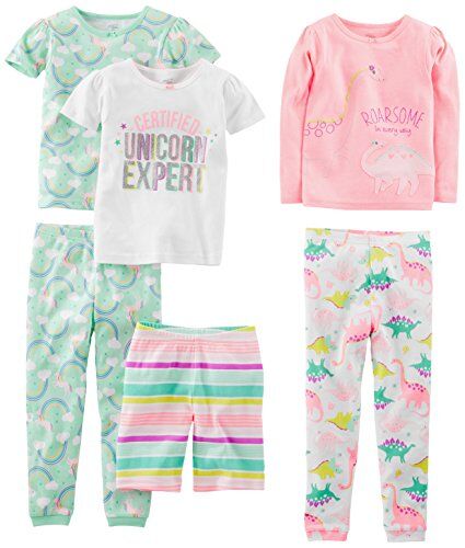 Simple Joys by Carter's 6-Piece Snug Fit Cotton Pajama Set Pigiama, Bianco Dinosauri/Rosa/Verde Menta Arcobaleno/Righe/Unicorni, 4 Anni (Pacco da 3) Bambina