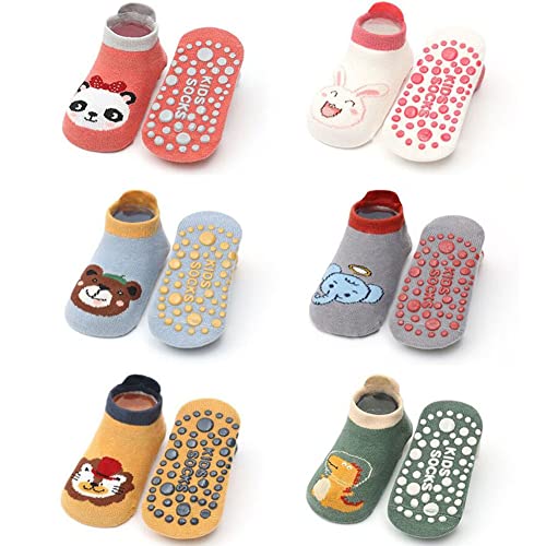 FedMois 6 paia calzini antiscivolo in cotone bimbi bambini motivi animali, Panda, 0-1 anno