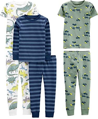 Simple Joys by Carter's 6-Piece Snug Fit Cotton Pajama Set Pigiama, Bianco Dinosauri/Blu Righe/Verde Costruzione, 2 Anni (Pacco da 3) Bambino