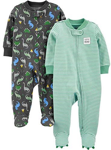 Simple Joys by Carter's 2-Pack 2-Way Zip Cotton Footed Sleep And Play Traversine per Neonati e Bambini, Grigio Scuro Dinosauri/Verde Menta Righe, Prematuro (Pacco da 2) Bimbo