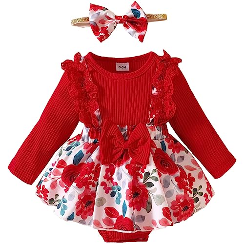 MAHUAOYIXI 2 Pezzi Elegante Tuta Bimba Tutine Neonato Femmina Pagliaccetto Estivo Vestito Abito in Pizzo Floreale Principessa Tutu Bodysuit Tulle Battesimo Jumpsuit + Fascia Bowknot Bambino (Q1, 9-12 Months)