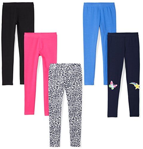 Amazon Essentials Leggings Bambine e Ragazze, Pacco da 5, Bianco Cuori/Blu/Blu Marino/Nero/Rosa, 6-7 Anni