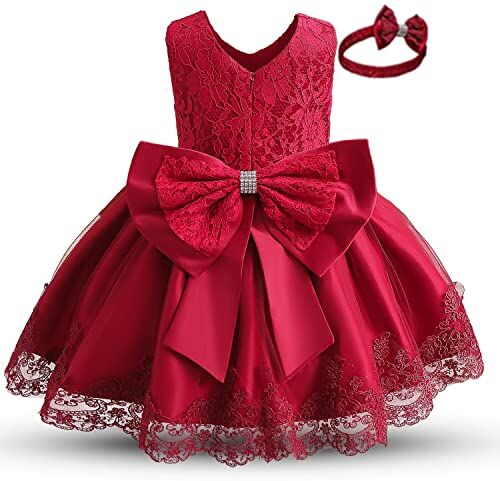 NNJXD Abito da Sposa da Principessa in Pizzo con Ricamo Floreale per Bambina Taglia (80) 6-12 Mesi 648 Rosso-C